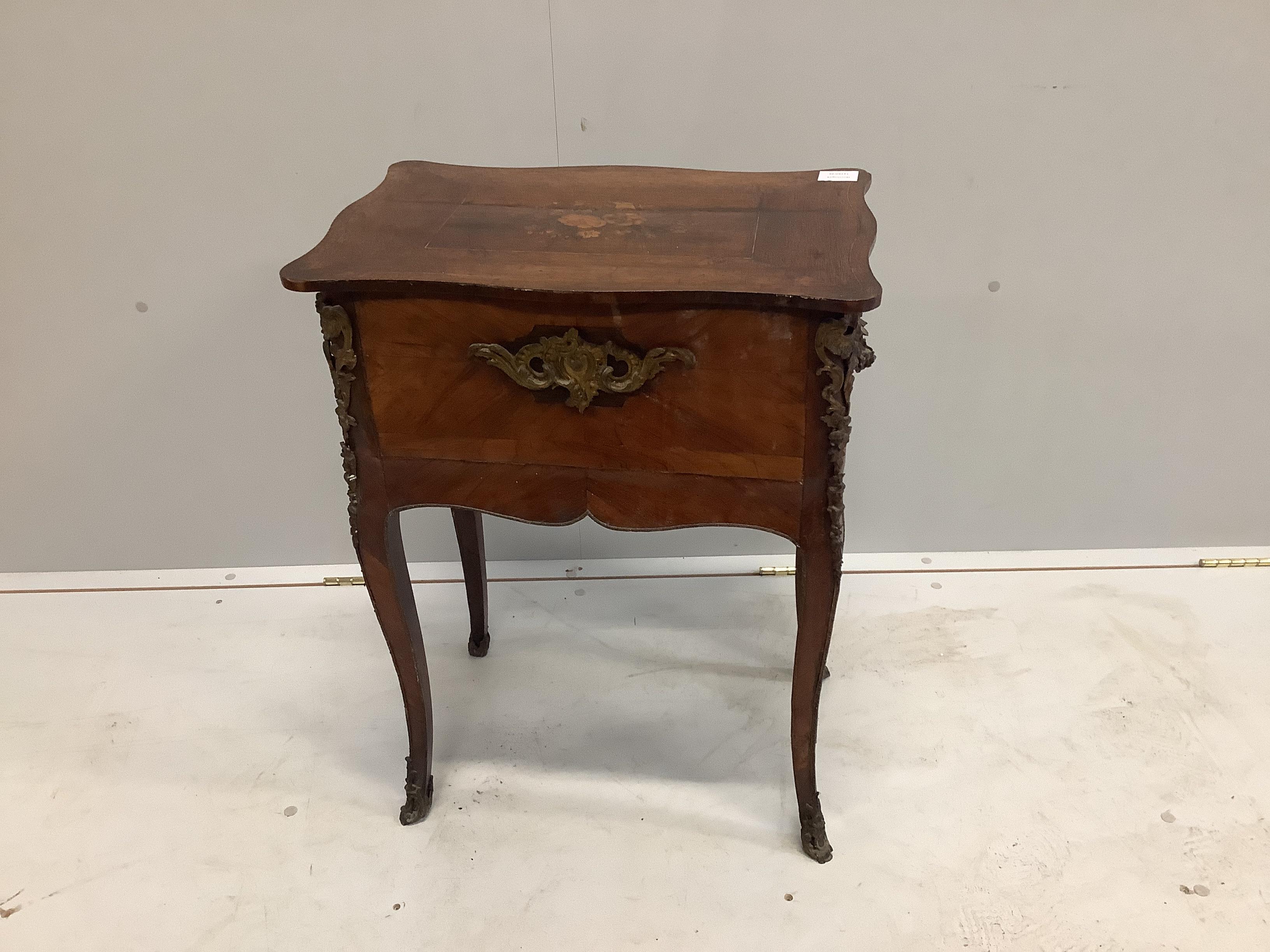 A French marquetry inlaid serpentine side table fitted with two drawers, width 53cm, depth 35cm, height 70cm